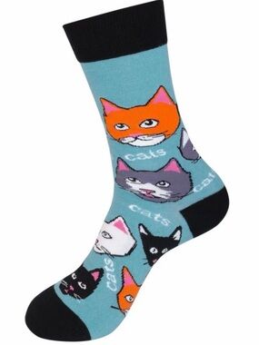 Funatic Playful Cats Crew Socks in Light Blue with Multicolor Cat Faces